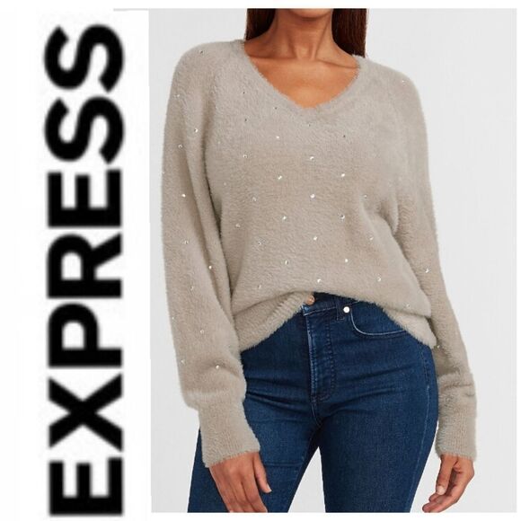 Express Reversible Rhinestone Faux Fur Sweater - Picture 1 of 6